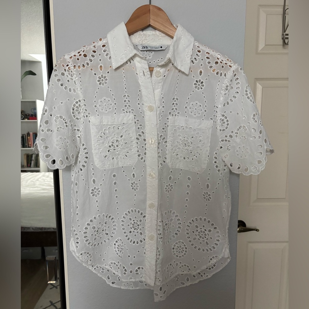 Zara White Eyelet Collared Blouse